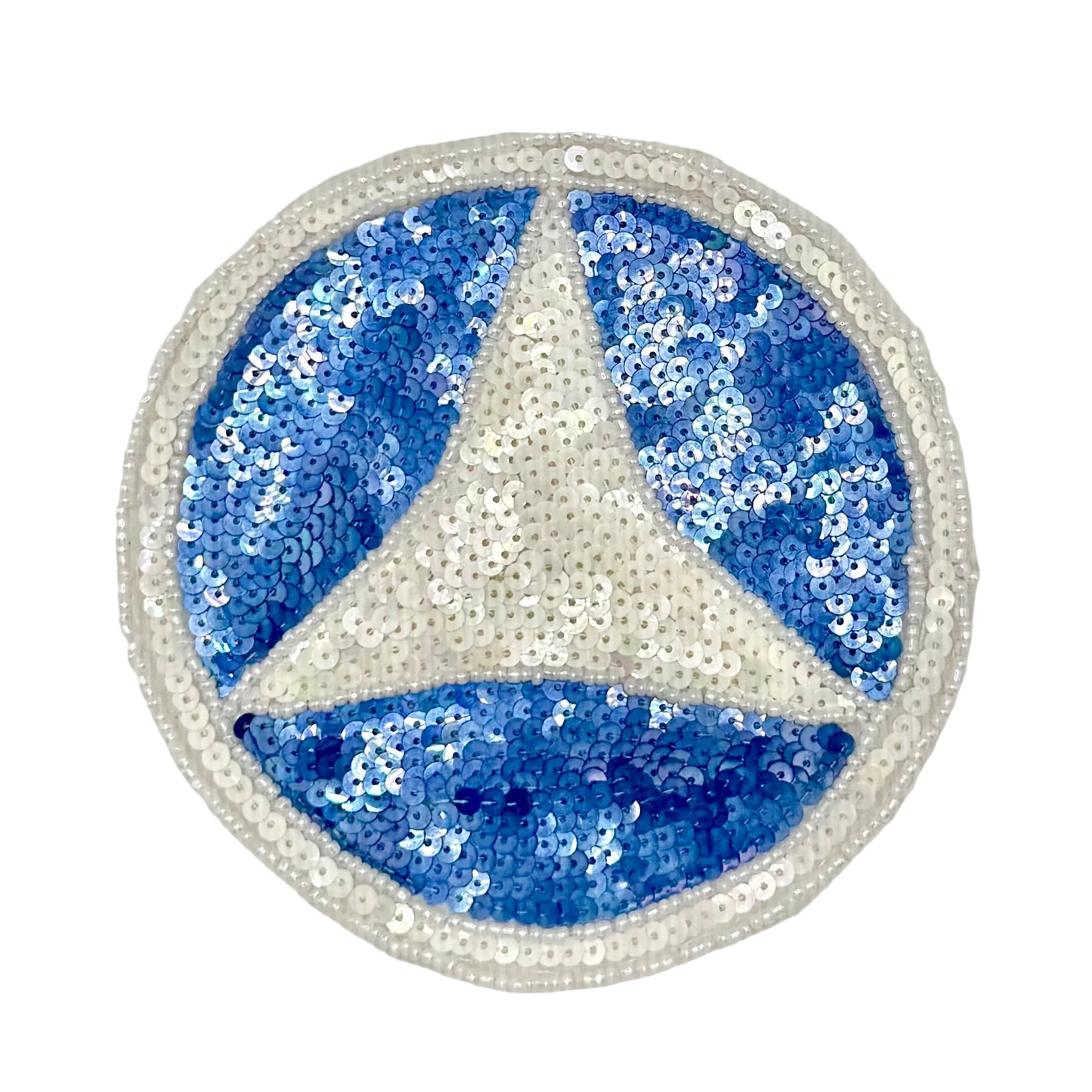 A vintage circular sequined patch featuring a Mercedes-Benz three-pointed star logo in blue and silver sequins, bordered by a white sequin ring, shown on a white background.