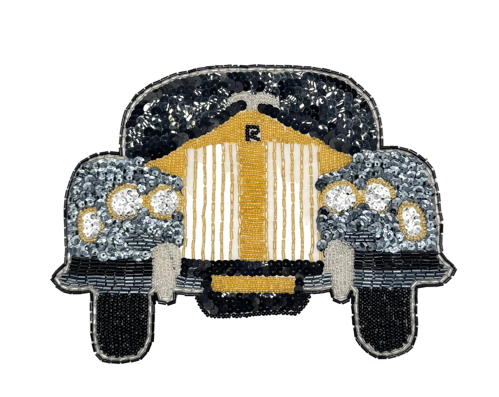 A vintage sequin and bead patch depicting the front view of a vintage car, featuring a prominent gold and white striped grille with a small 'R' emblem, flanked by silver and black headlight sections, all on a plain white background.