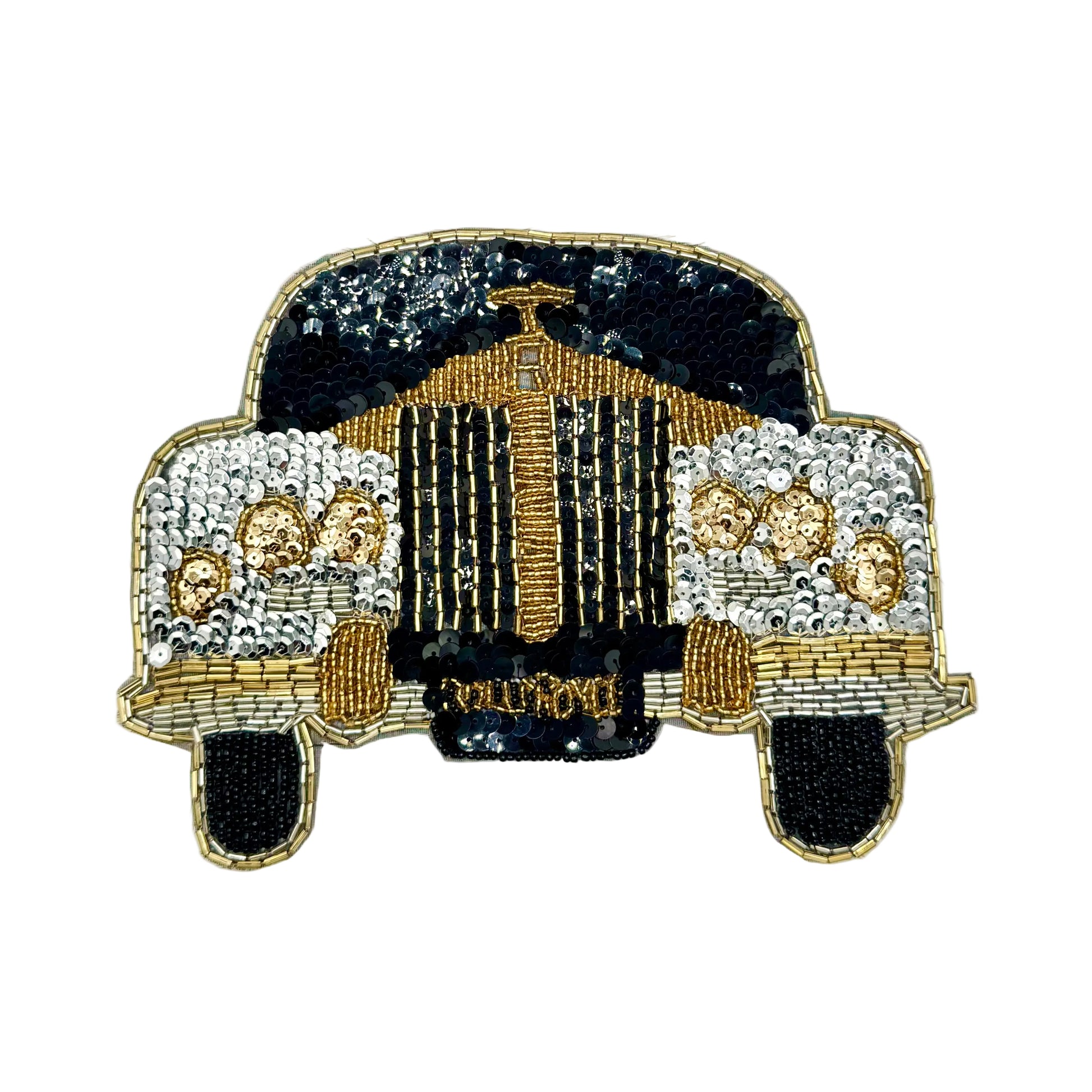 An embroidered patch of a vintage luxury car, featuring gold and silver sequins, black beads, and a gold-tone outline on a white background.