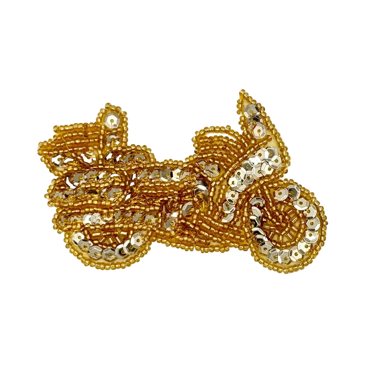 A gold sequined and bead applique patch shaped like a motorcycle, displayed on a clean white background.