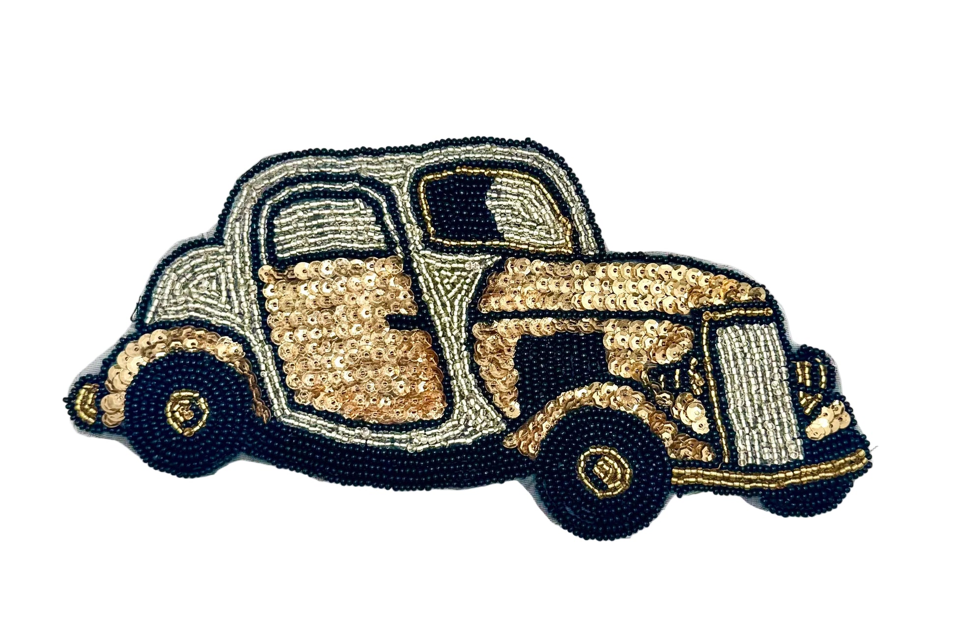 A vintage car-shaped beaded patch featuring a silver  beads and gold sequined body with black wheels and trim, shown on a plain white background.