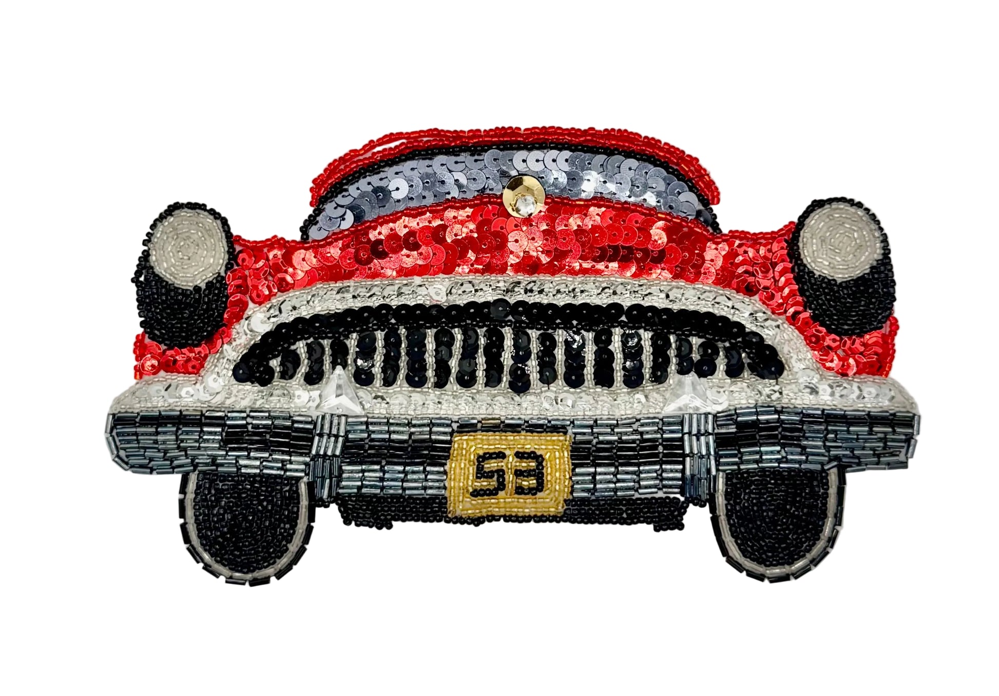 A vintage-style car-shaped sequin embellishment or patch, featuring a red body, black and silver grille and wheels, a yellow plate with the number 53, and a small gold center detail, shown on a plain light background.