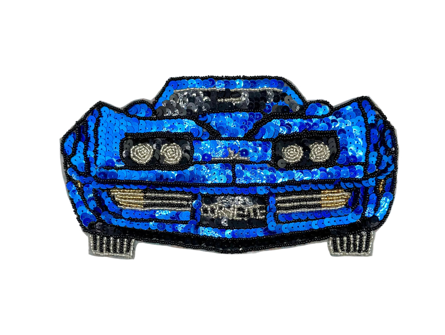 A blue vintage sequined embroidered patch shaped like a sports car, shown against a plain white background.
