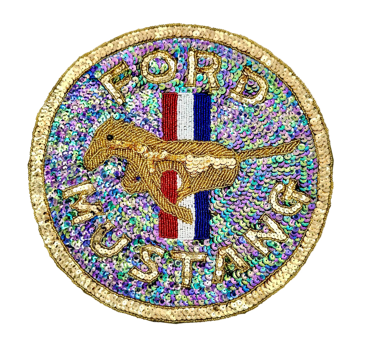A circular embroidered Ford Mustang vintage patch made of iridescent sequins, featuring a gold embroidered mustang horse, vertical red, white, and blue stripes, and the words 'FORD MUSTANG' around the border.