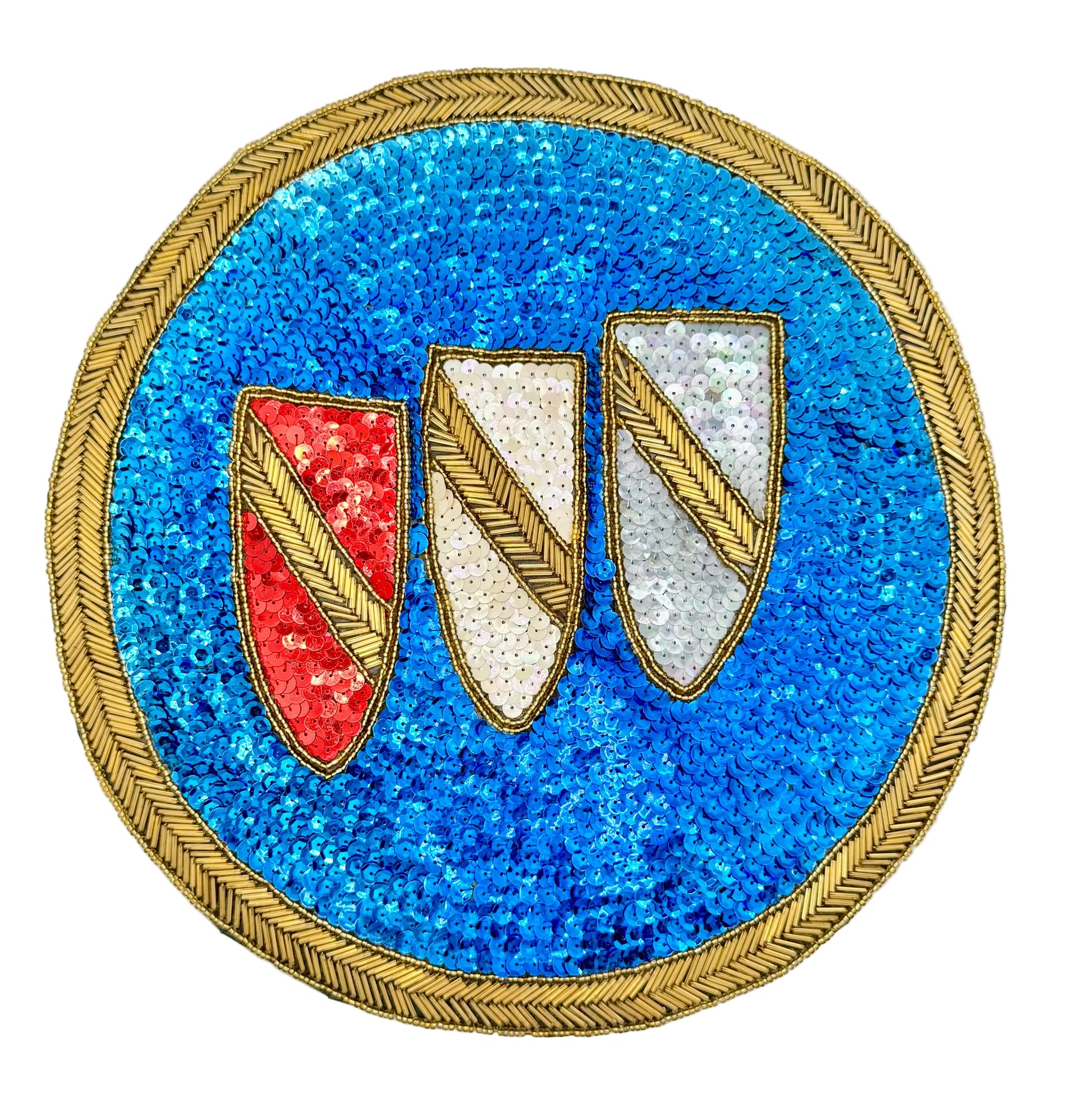 A circular sequined vintage auto patch featuring three heraldic shields: one red with a gold diagonal stripe, and two white with gold diagonal stripes, all set against a bright blue sequin background with a gold embroidered border.
