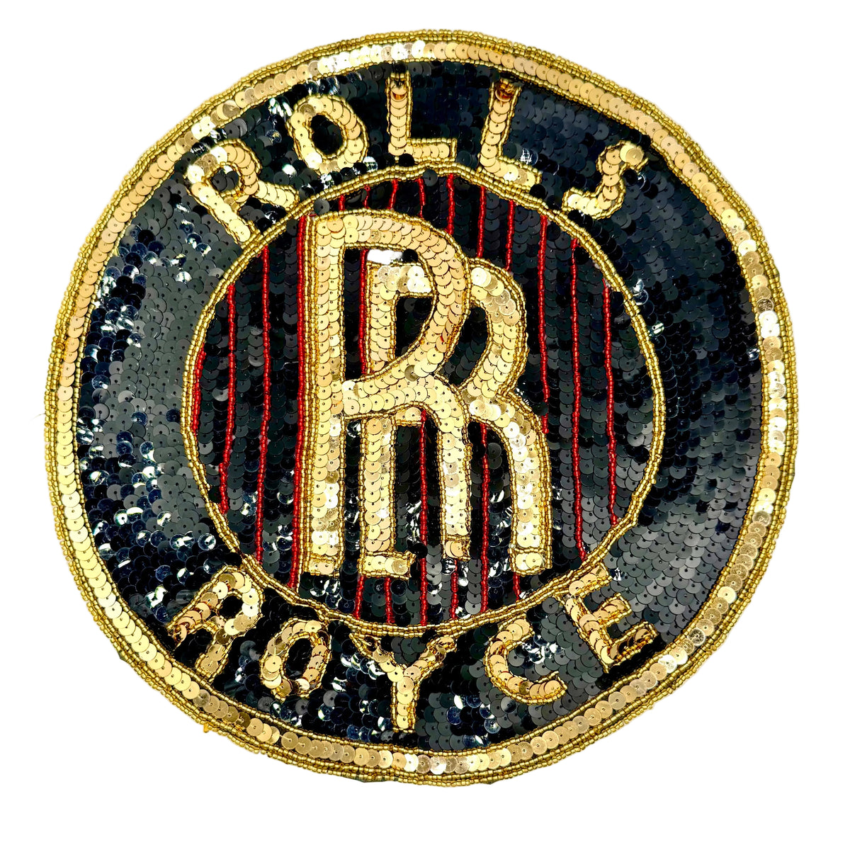 A circular vintage embroidered patch featuring the Rolls-Royce double R logo in gold sequins, surrounded by the words 'ROLLS ROYCE' in gold lettering on a black sequined background with red vertical stripes.