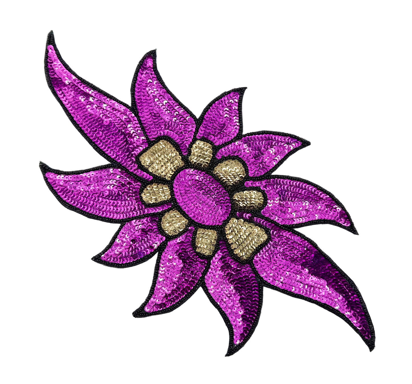 Sequin flower with purple and gold sequins and back glass beads on a white background.