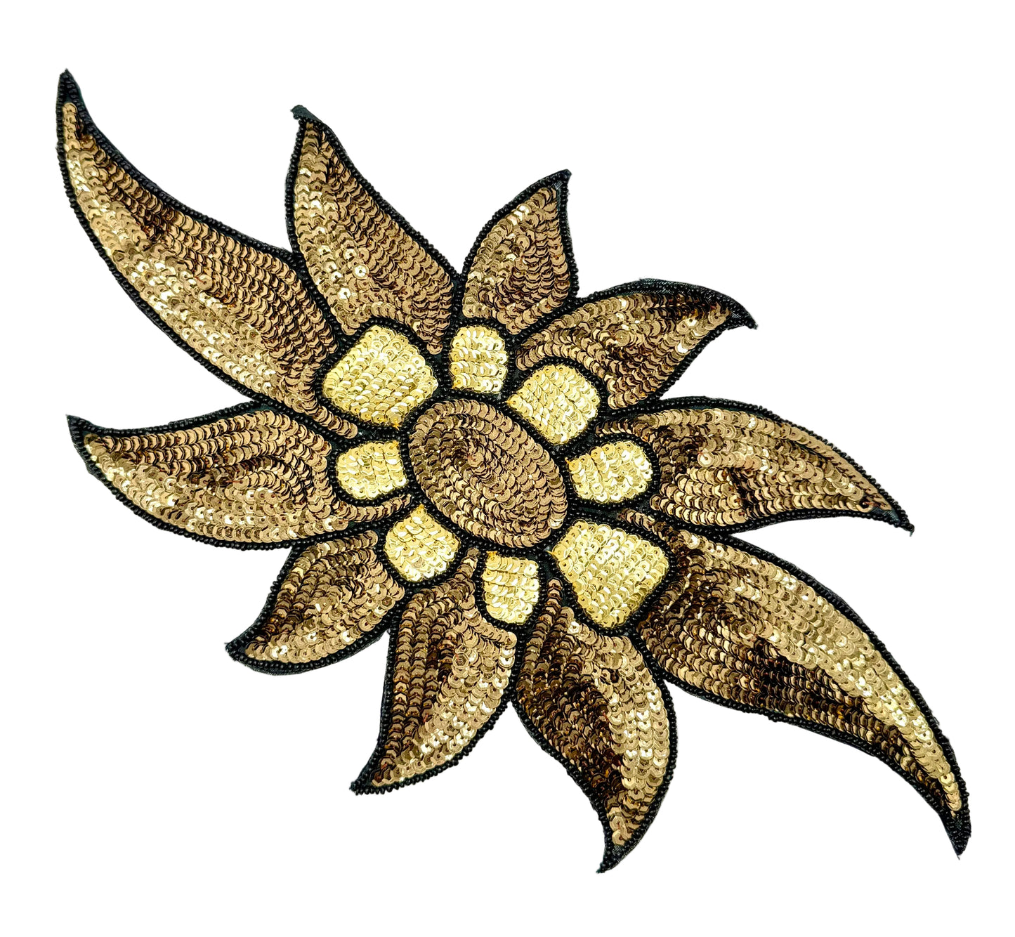 An sequin flower patch with gold and bronze sequin petals outlined in black beads, shown on a plain white background.