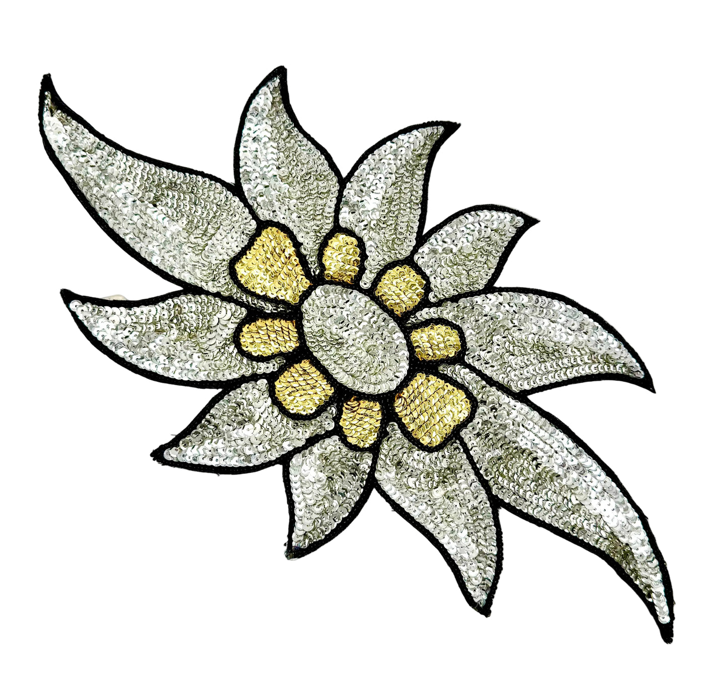 An sequin and bead floral appliqué featuring a silver-gray flower with black outlines and a gold-yellow center, shown on a plain white background.