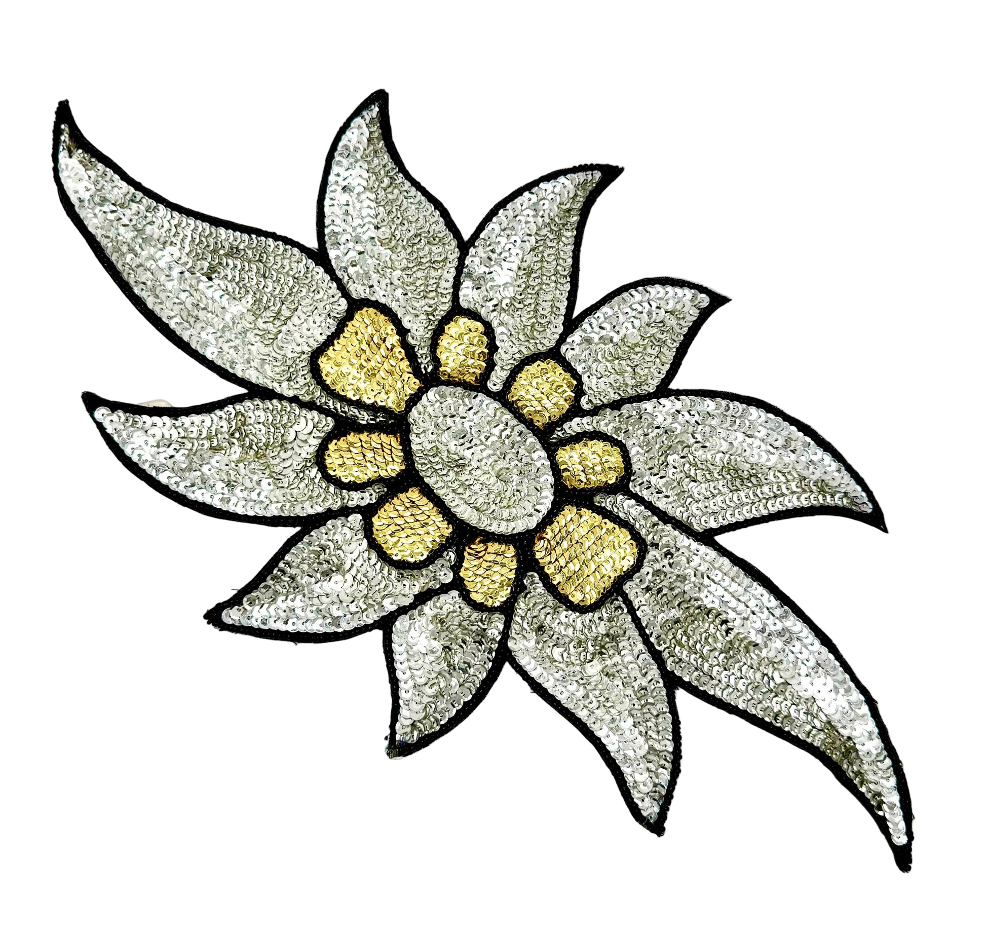 An sequin and bead floral appliqué featuring a silver-gray flower with black outlines and a gold-yellow center, shown on a plain white background.