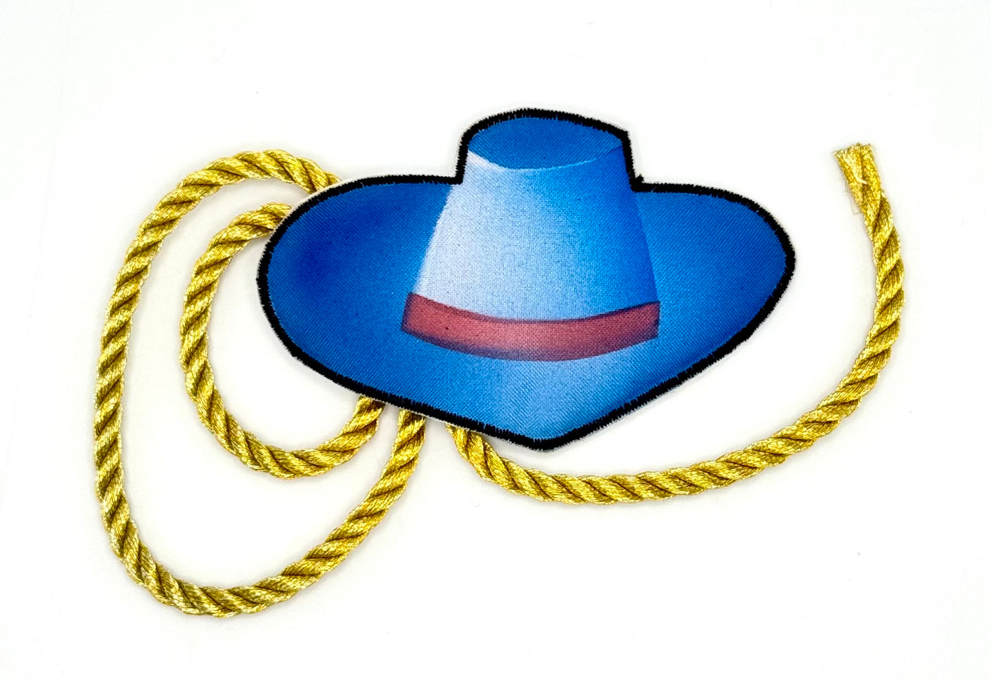 Cowboy Hat - Blue, Red, and Black - Gold Metallic Rope - Iron-On 5" x 3"