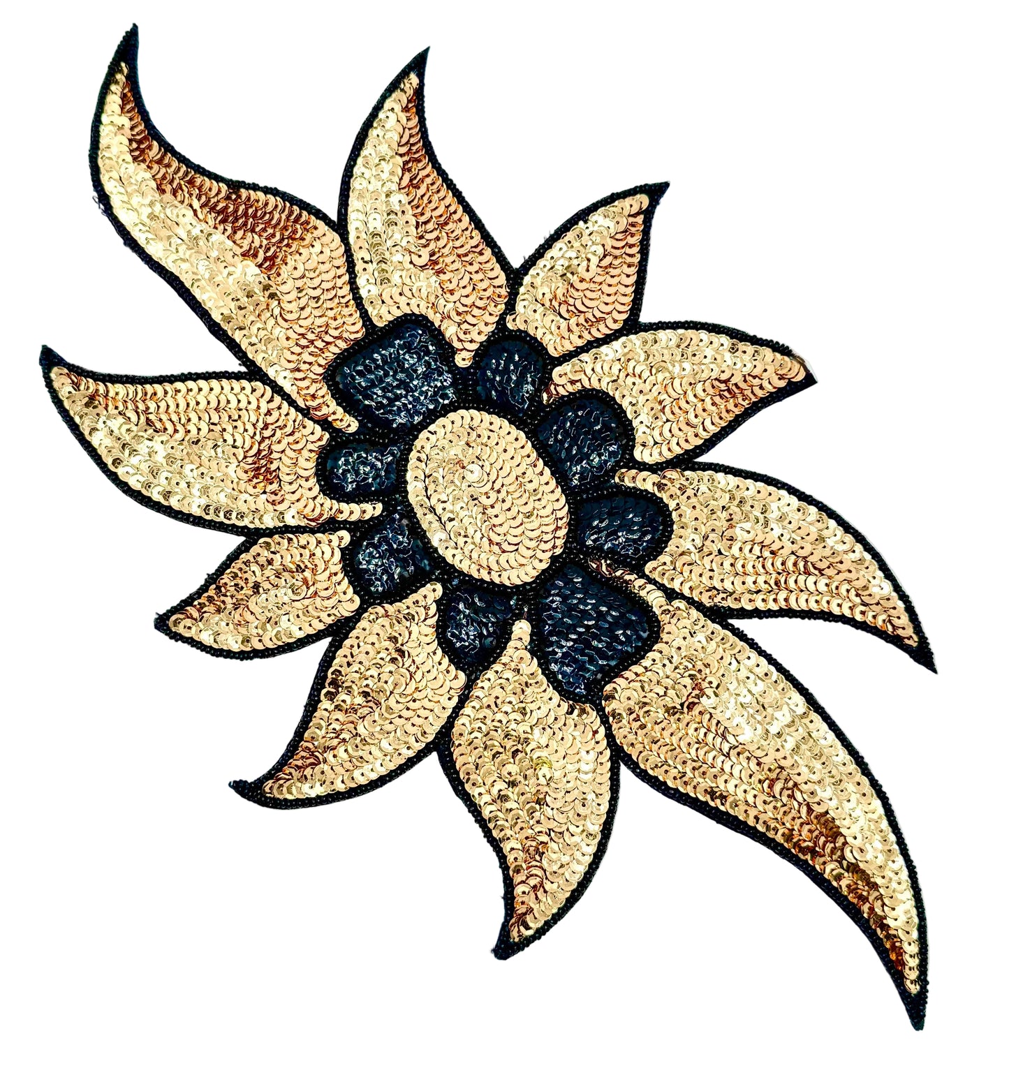 An sequin flower applique with gold sequin petals, a gold center, and smaller black sequin petals, outlined with black beads on a white background.