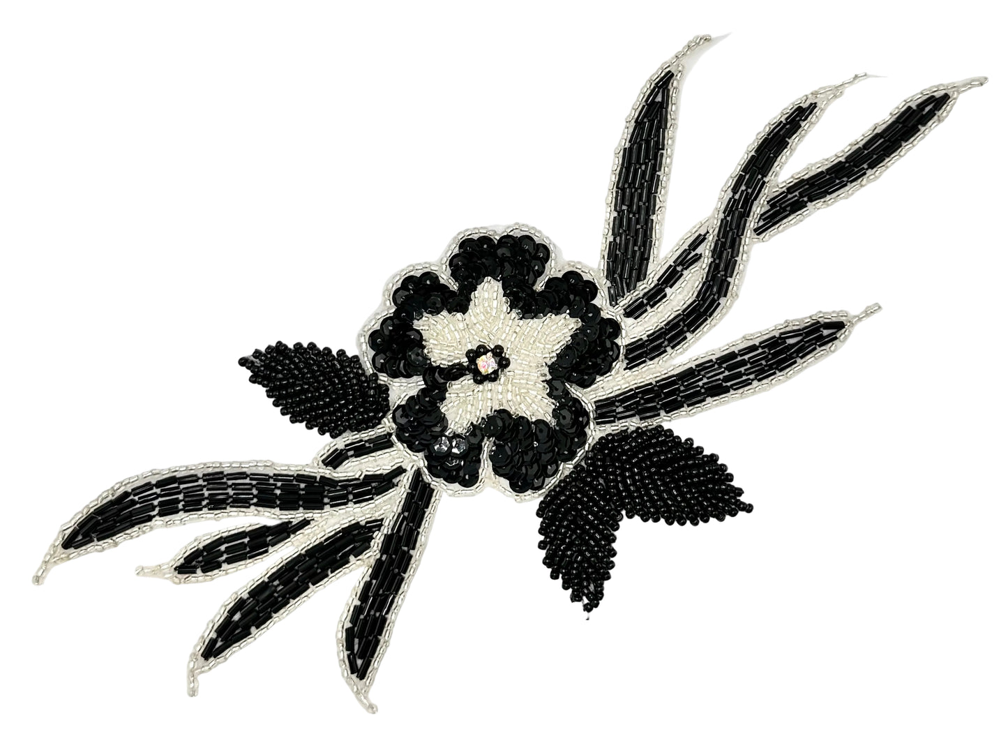 Black Sequin Flower Appliqué with AB Rhinestone Center – 10" x 4" | 2 Bead Styles