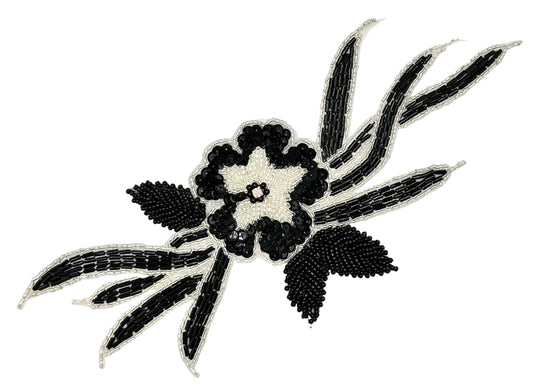 Black Sequin Flower Appliqué with AB Rhinestone Center – 10" x 4" | 2 Bead Styles