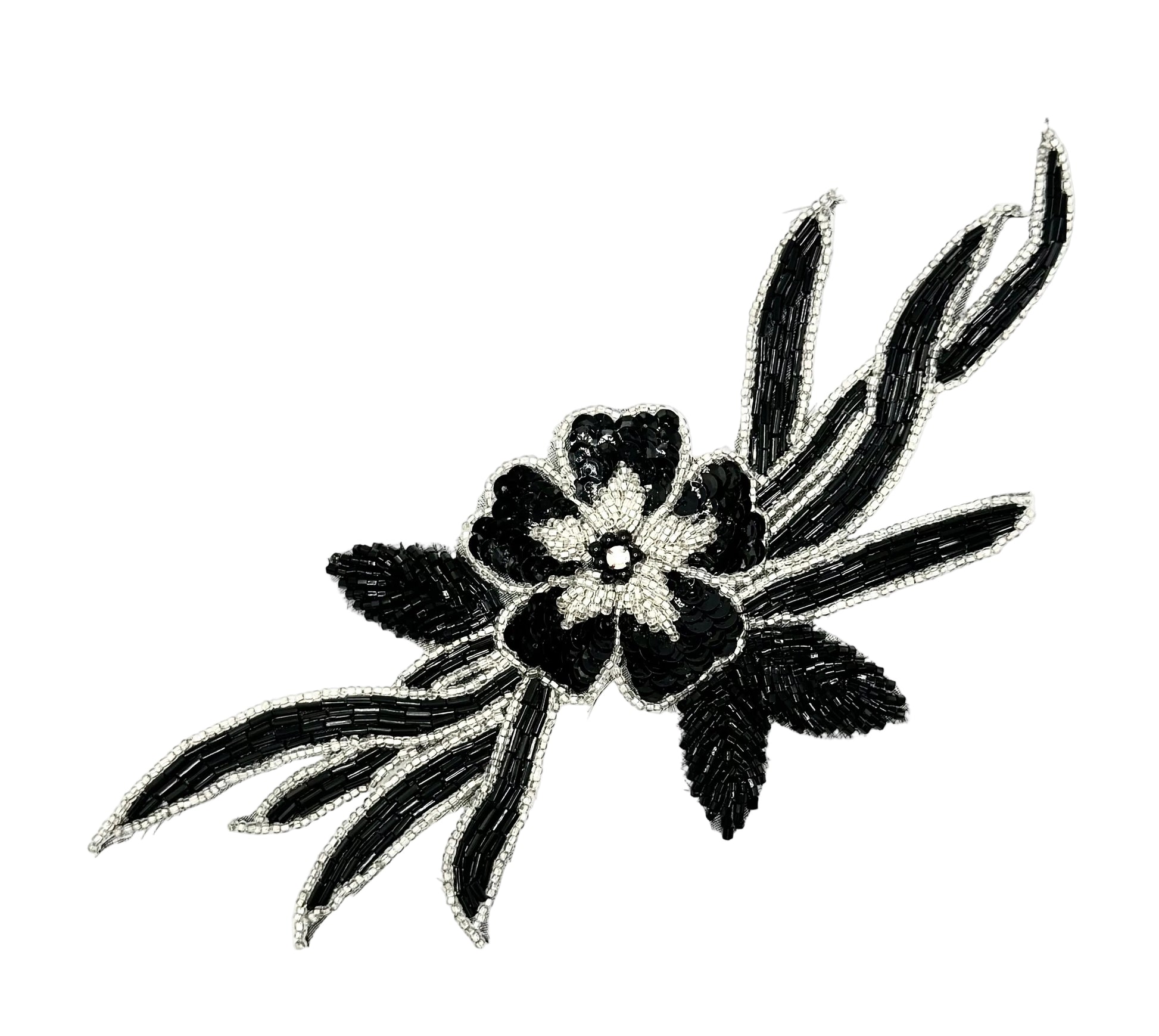 Black sequin and bead floral patch with a central flower and elongated leaves, shown on a plain white background.
