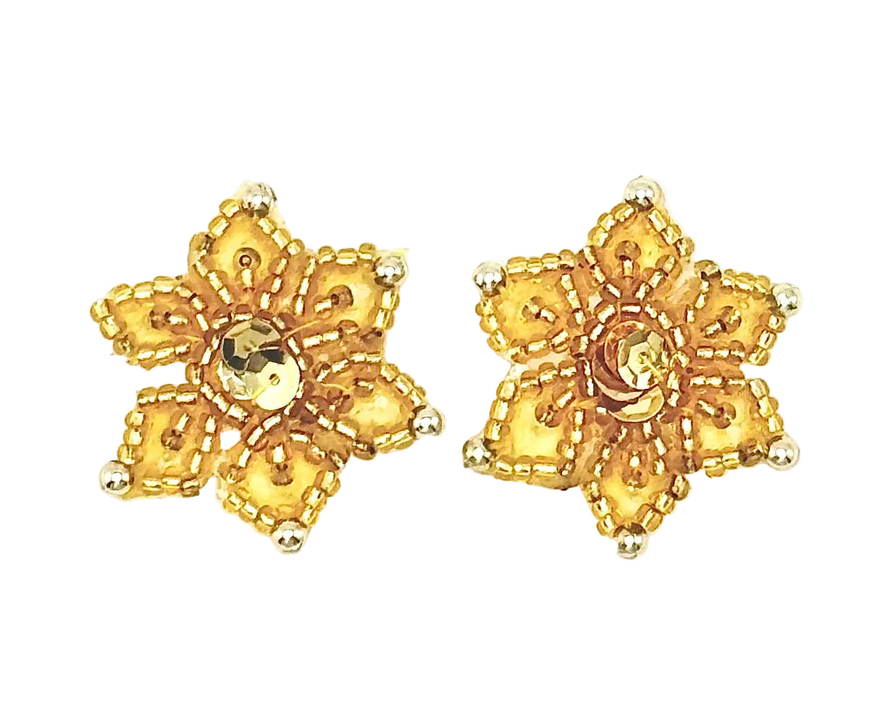 A pair of gold beaded snowflake appliqués with intricate beaded detailing and central faceted sequins shown on a plain white background.
