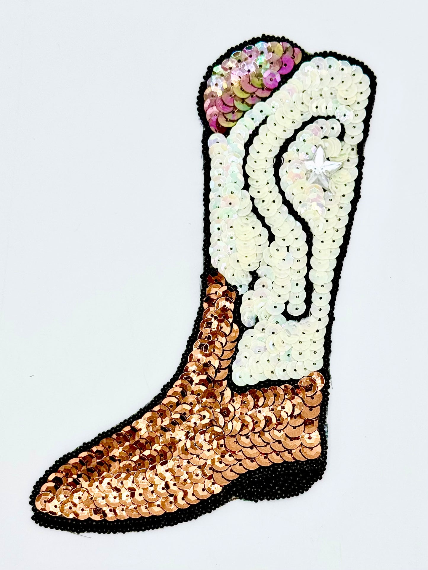 Cowboy Boot with Bronze and White Sequins - Black Beads - Star Rhinestone 7" x 4"