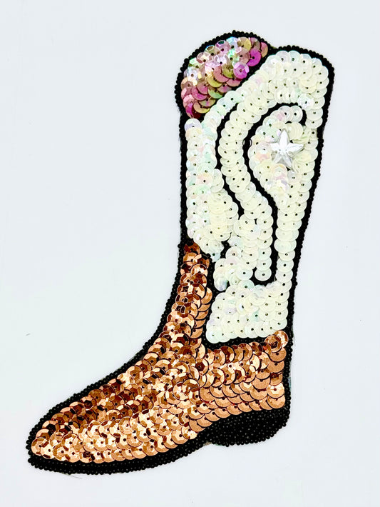 Cowboy Boot with Bronze and White Sequins - Black Beads - Star Rhinestone 7" x 4"