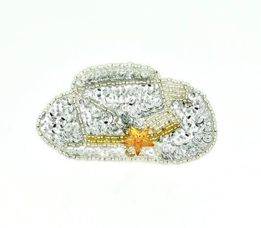 Cowboy Hat- Silver Sequins with Gold Star and Silver and Gold Beads 3.5" x 2"