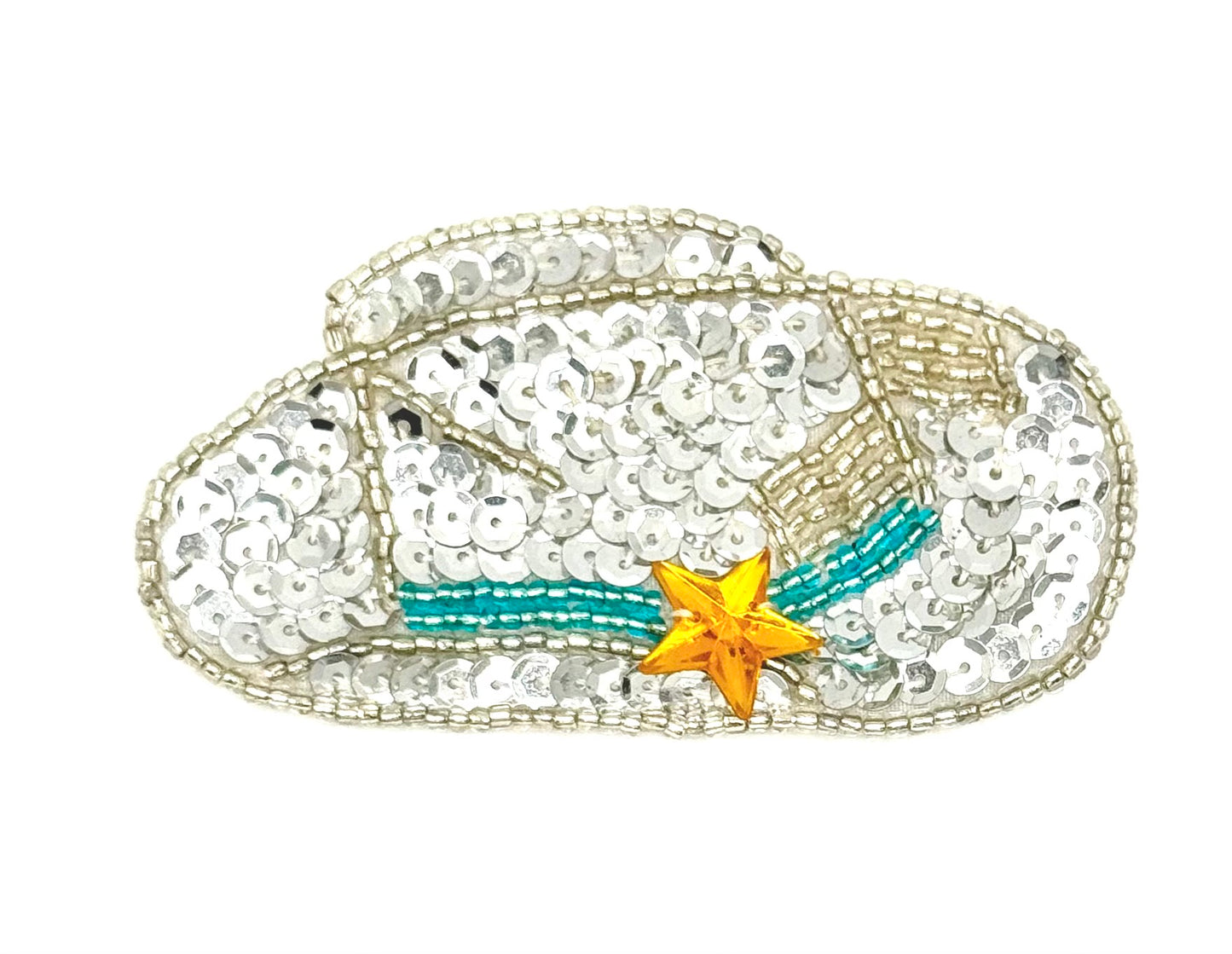 Sombrero de vaquero con lentejuelas plateadas y cuentas, banda de cuentas turquesas y estrella acrílica de 3.5" x 2"