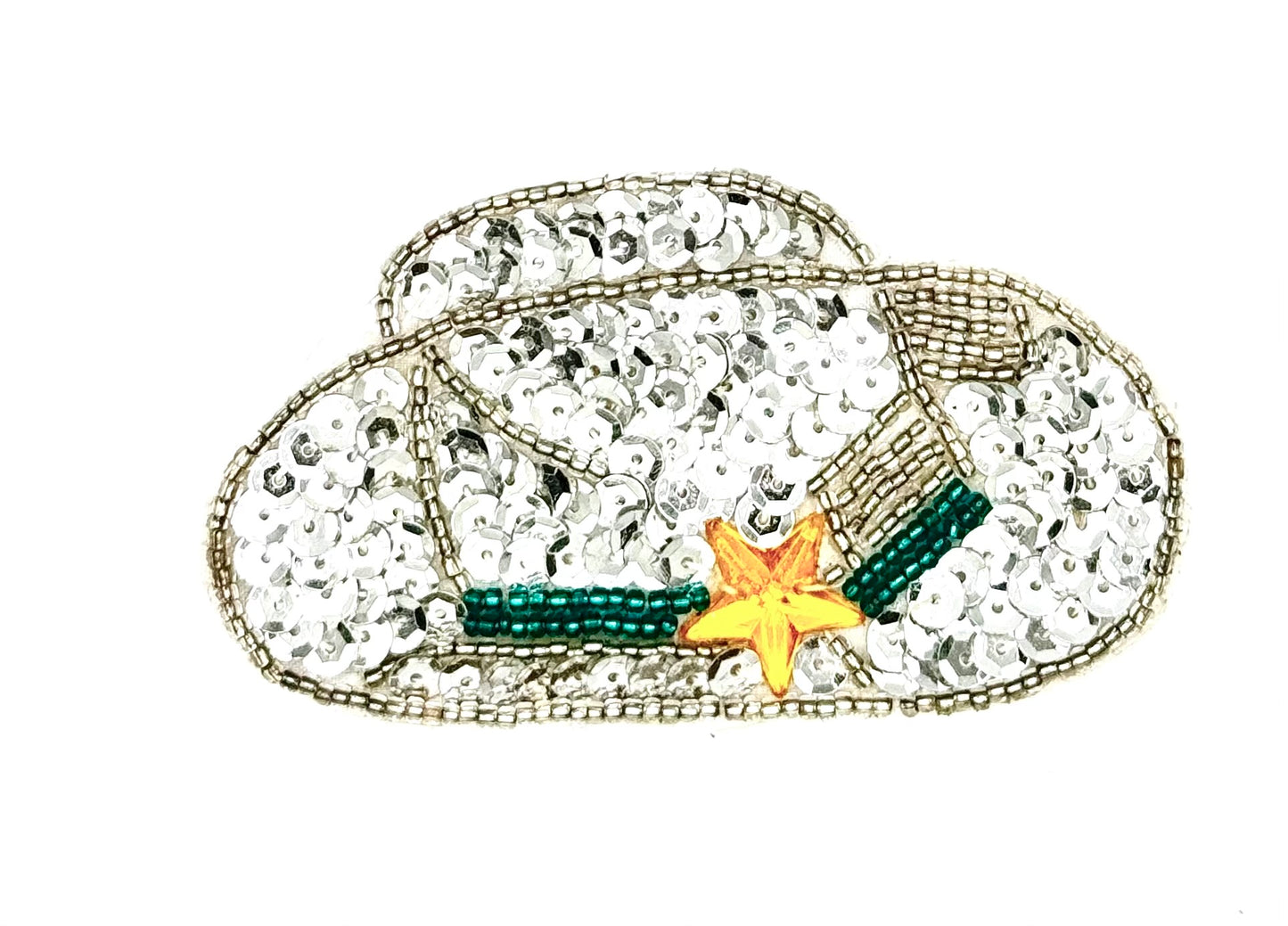 Sombrero de vaquero con lentejuelas plateadas y cuentas, banda de cuentas turquesas y estrella acrílica de 3.5" x 2"