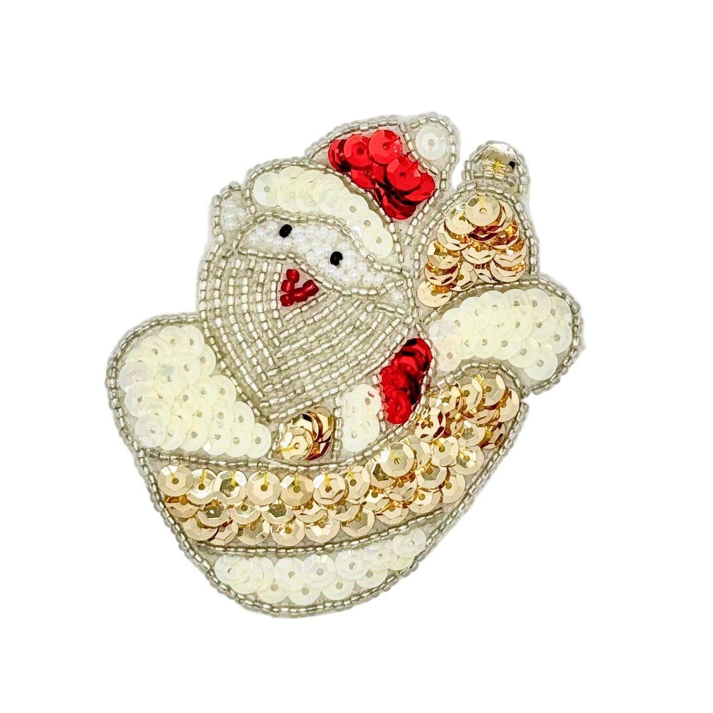 Beaded Santa in a sleigh applique on a white background.