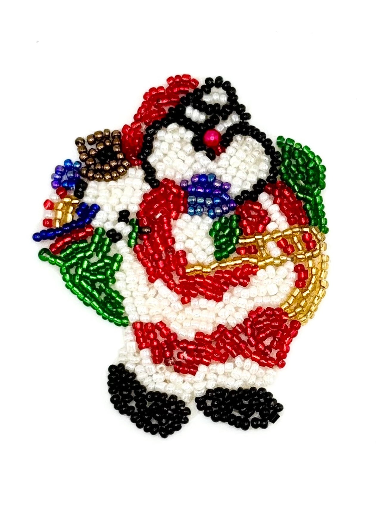 A festive beaded Christmas applique depicting Santa Claus carrying gifts, crafted with red, white, black, green, blue, gold, and brown seed beads on a plain white background.