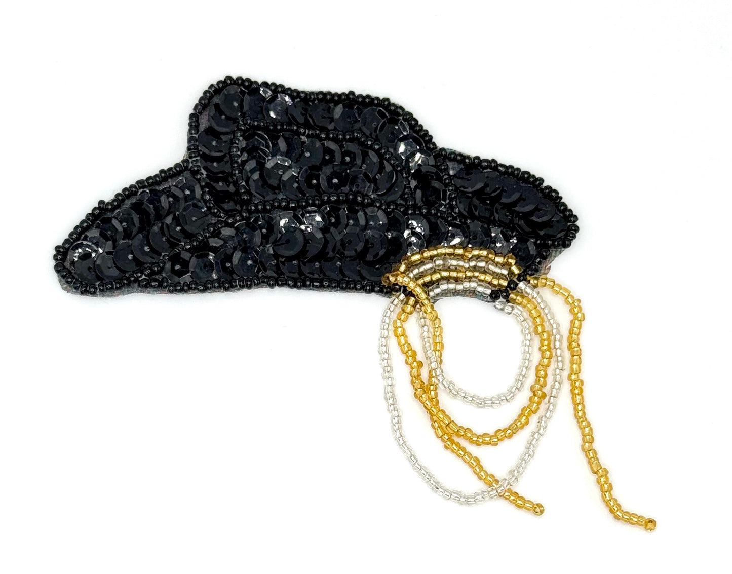 Cowboy Hat with Rope - Black Sequins - Black/Gold/Silver Beads 4" x 3.5"