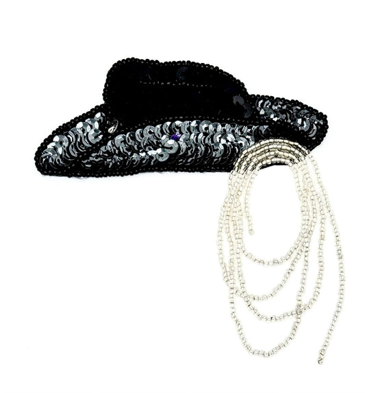 Cowboy Hat with Rope - Black and Gunmetal Sequins - Black and Silver Beads 4" x 3.5"