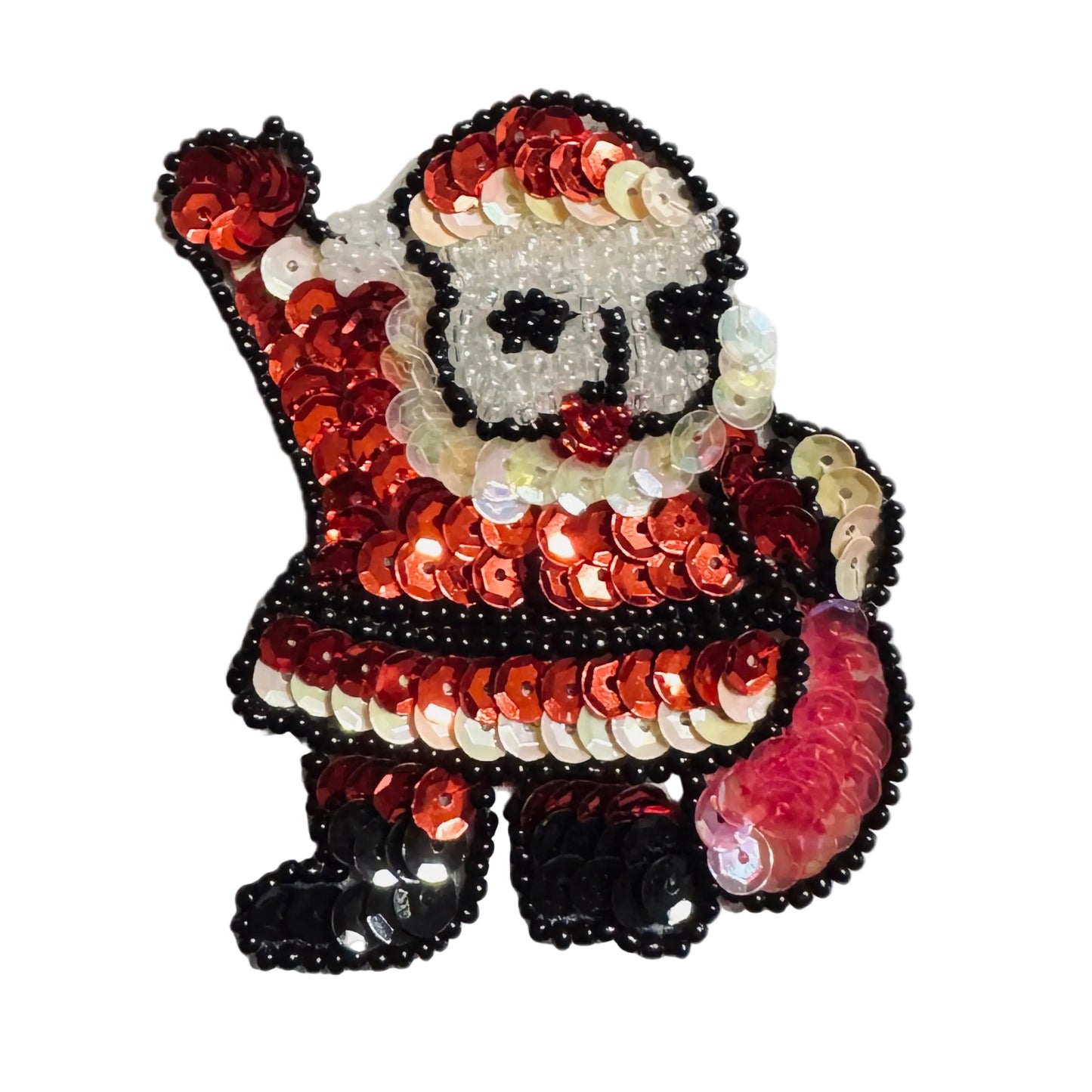 A sequined Santa Claus figure patch or applique on a plain white background. The design features red, white, and black sequins forming Santa's outfit and face, with a pink sequined sack on one hand.