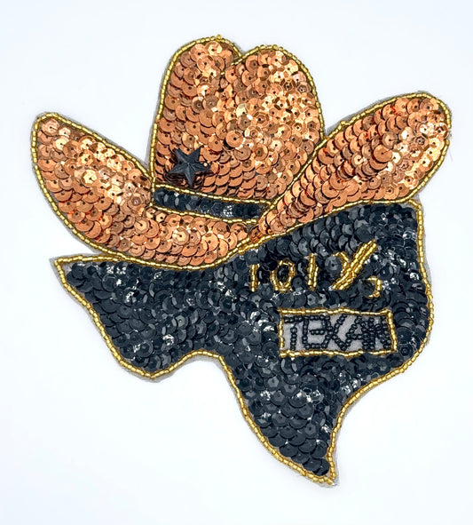 Cowboy Hat on Texas (State) with 101% Texan - Bronze and Black Sequins -  Beaded 6.5" x 6"