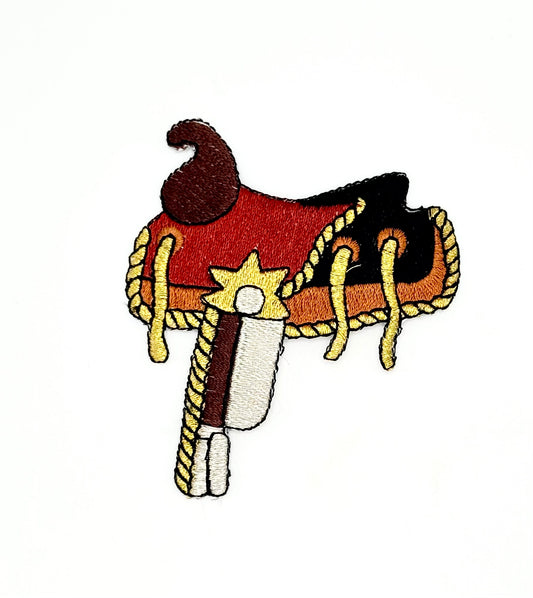 Country Western Saddle with Gold Metallic Rope Embroidered Iron-On 3" x 3.5"