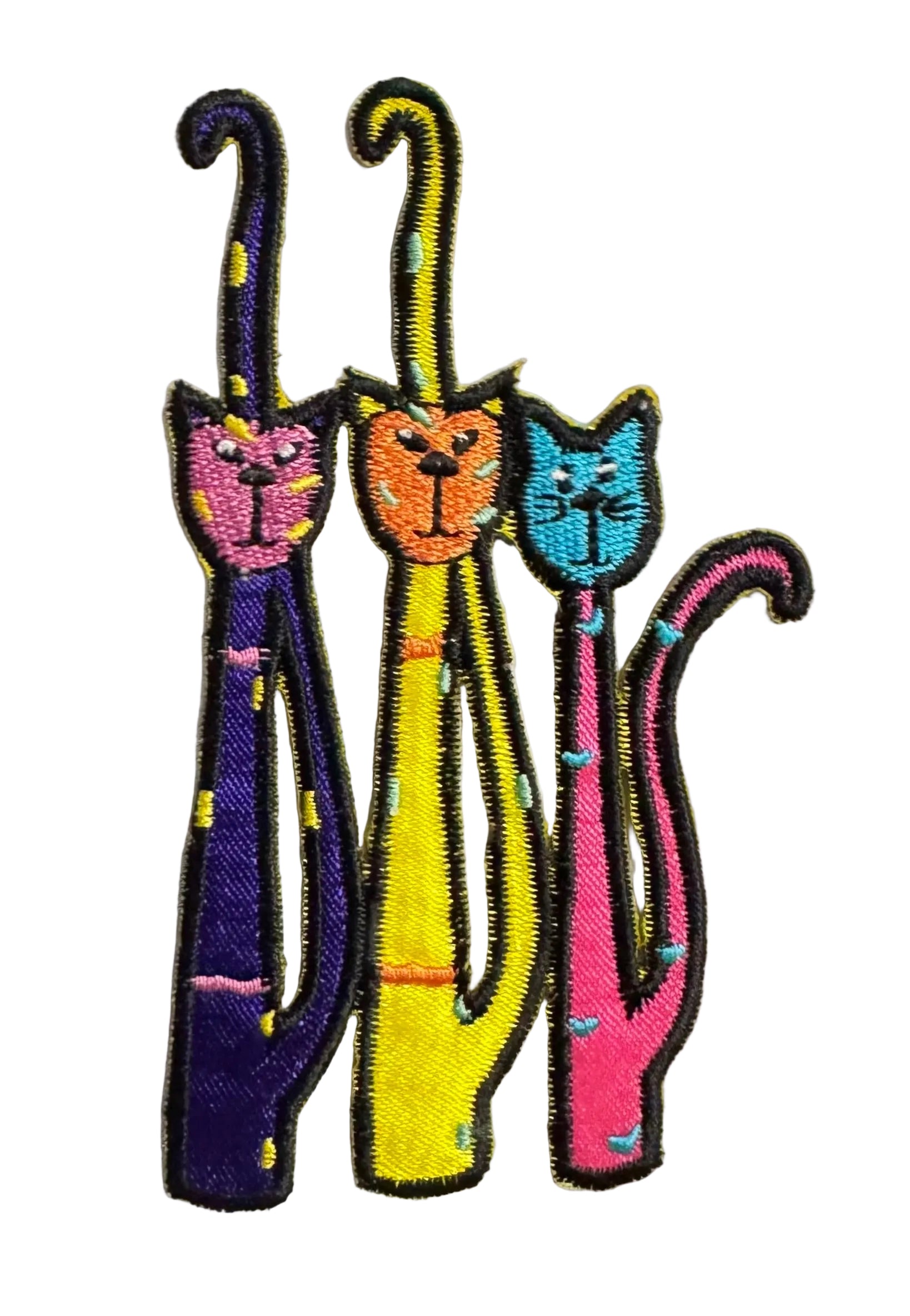Three embroidered cats in purple, yellow, and pink, each with a different colored cat head (pink, orange, and blue) and black stitched outlines, displayed on a white background.