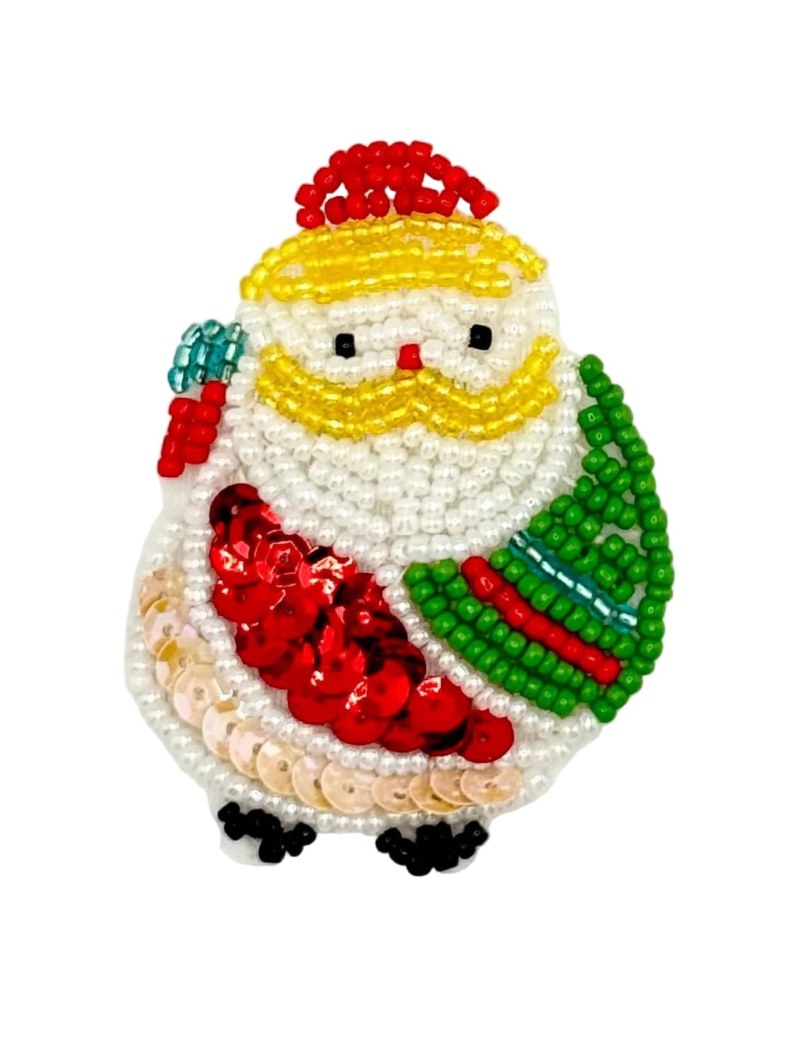 A festive Christmas Santa  embellished with colorful seed beads and sequins, featuring a red hat, yellow mustache and green bag of toys, set against a plain white background.
