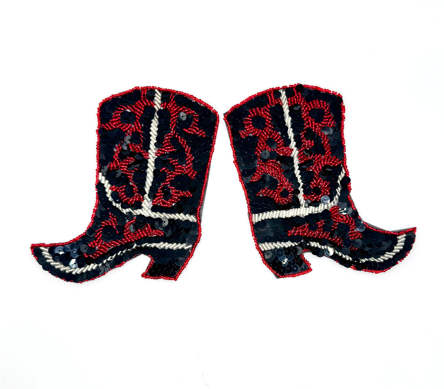 Pair of sequin and bead cowboy boot patches on a white background