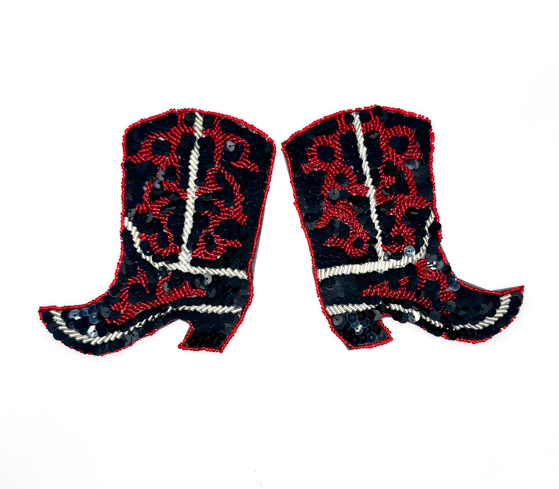 Pair of sequin and bead cowboy boot patches on a white background