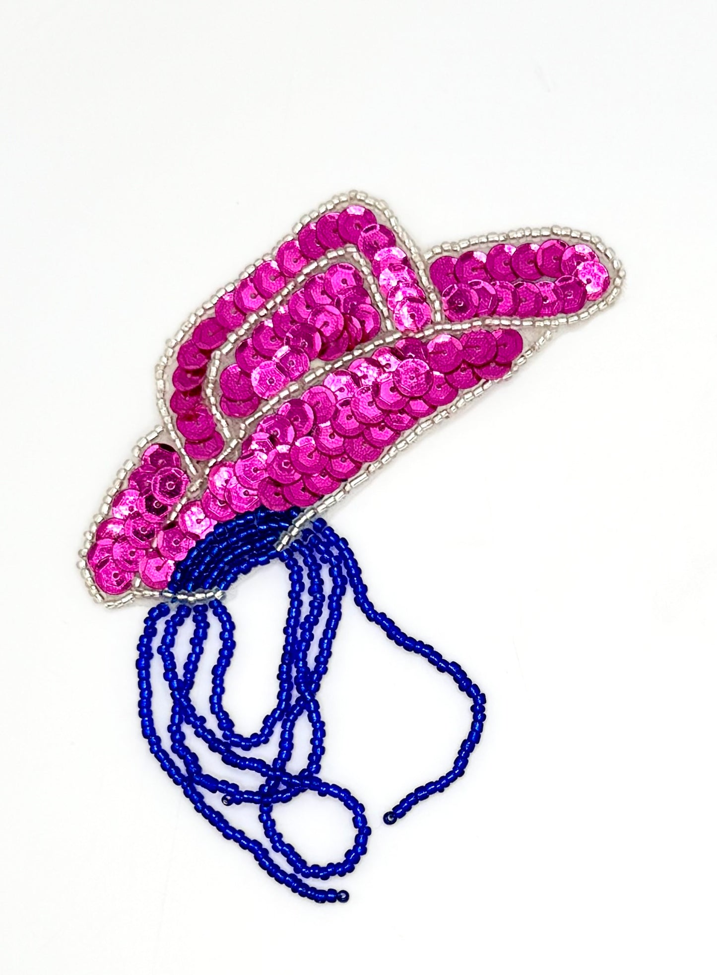 Cowboy Hat with Rope - Fuchsia Sequins - Blue/Silver Beads - 4" x 4"
