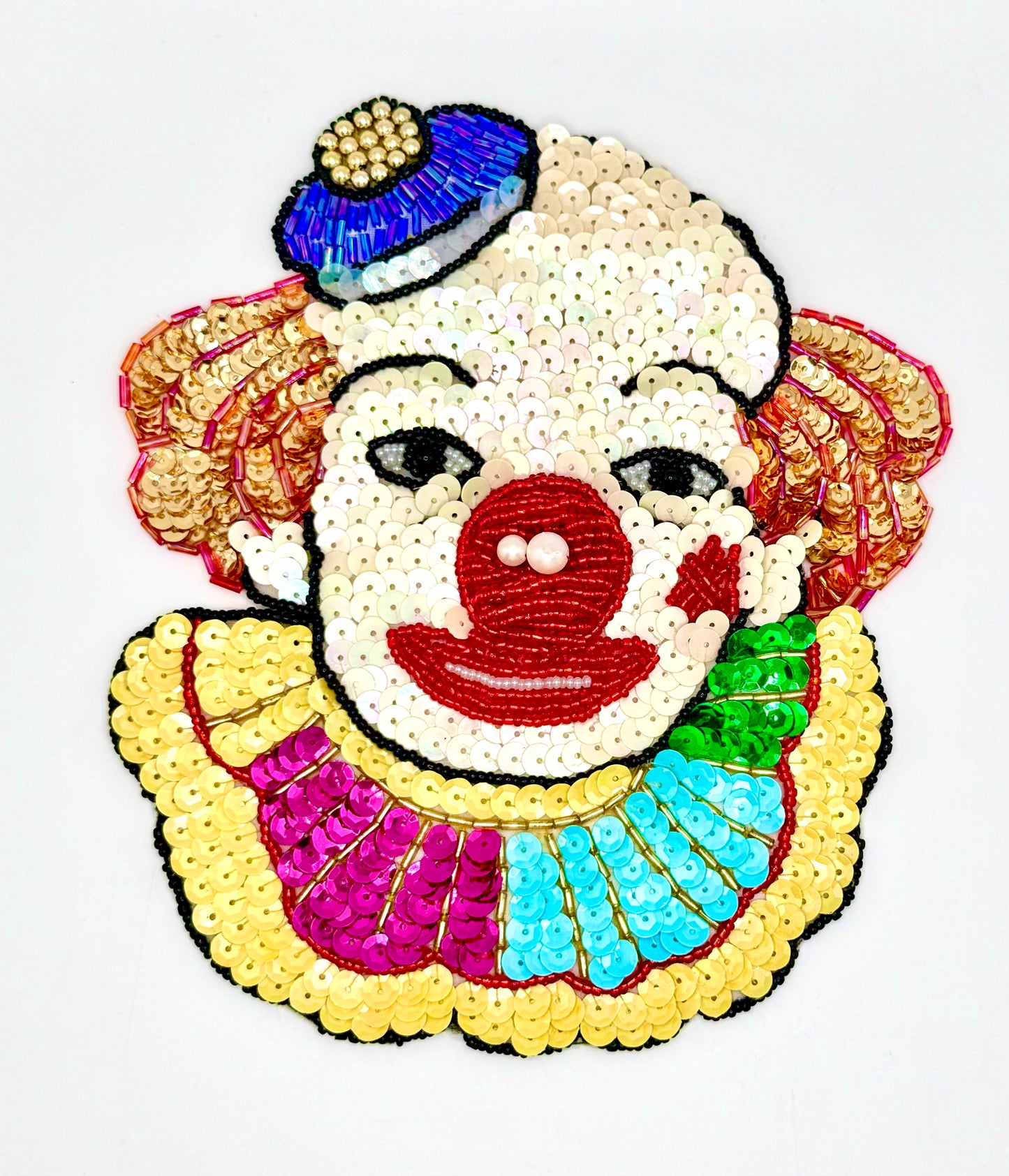 Cara de payaso con sombrero y lentejuelas y abalorios multicolor en 2 tamaños