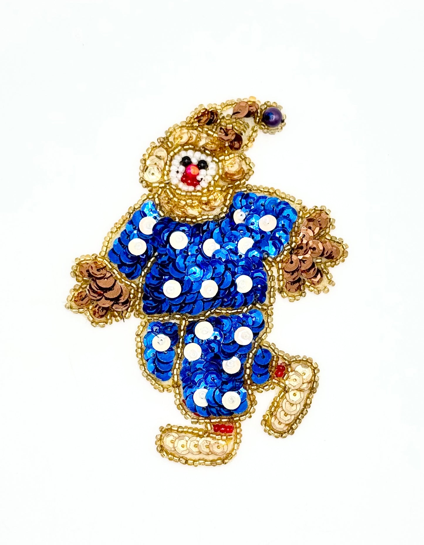 Payaso con lentejuelas azul rey y cuentas doradas de 4.25" x 3.25"