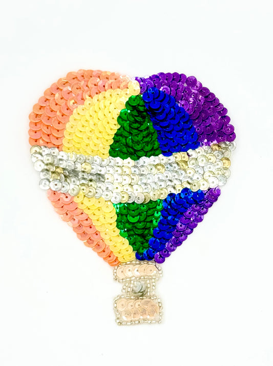 Hot Air Balloon Appliqué - Multicolored Sequins - Silver Glass Beads 4.5" x 3.5"