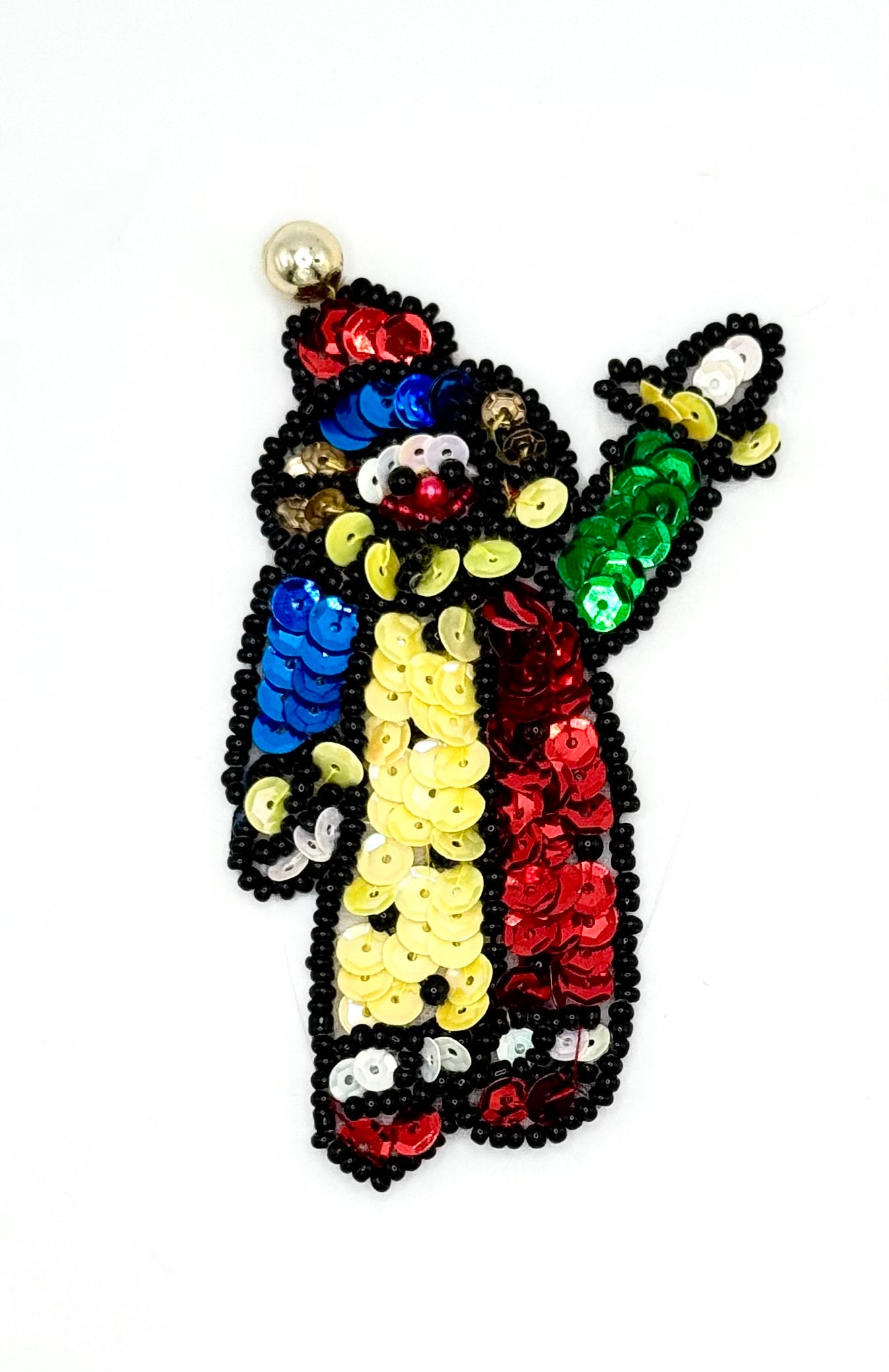 Payaso vintage de pie saludando con lentejuelas y cuentas multicolor en 2 tamaños
