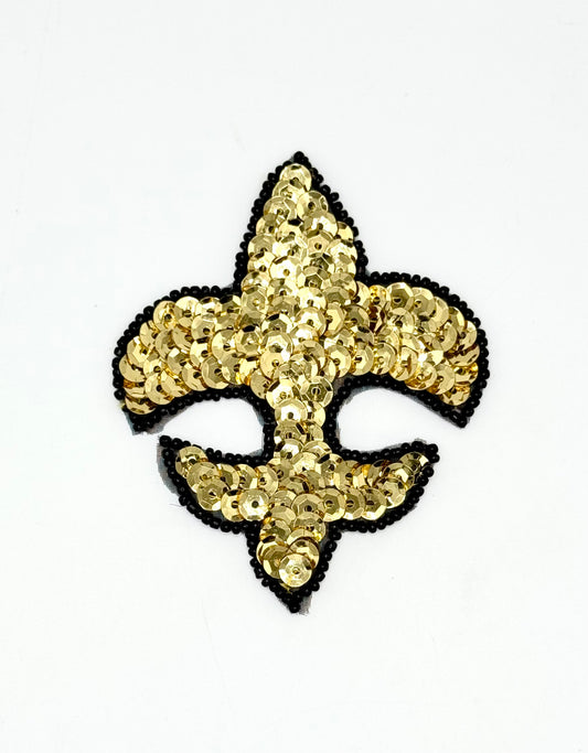 Fleur de lis with Gold Sequins and Black Beads 3.5" x 2.75"