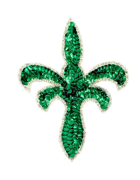 Green sequin Fleur-de-Lis appliqué on a white background
