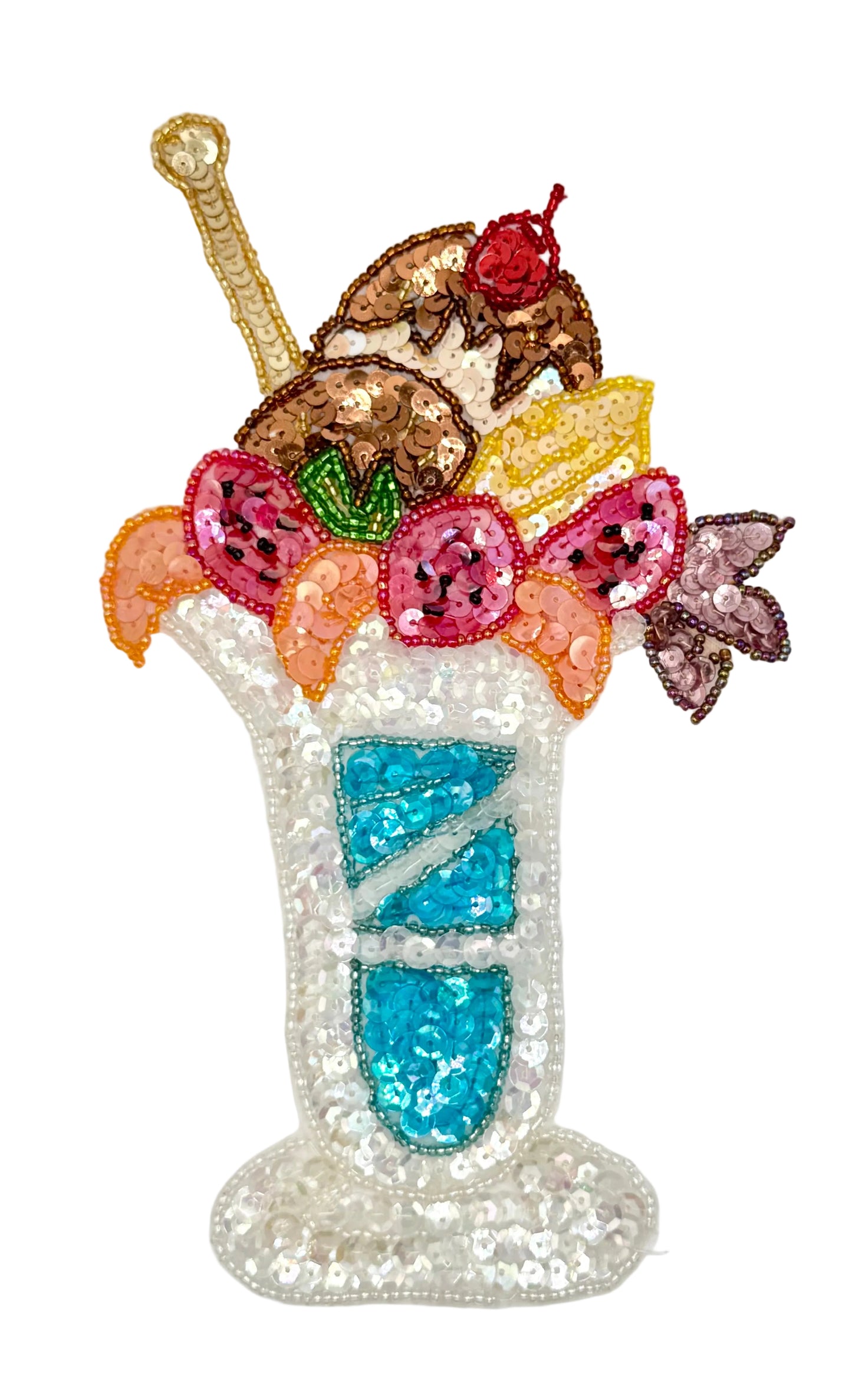 Sequined ice cream sundae dessert design  on a white background