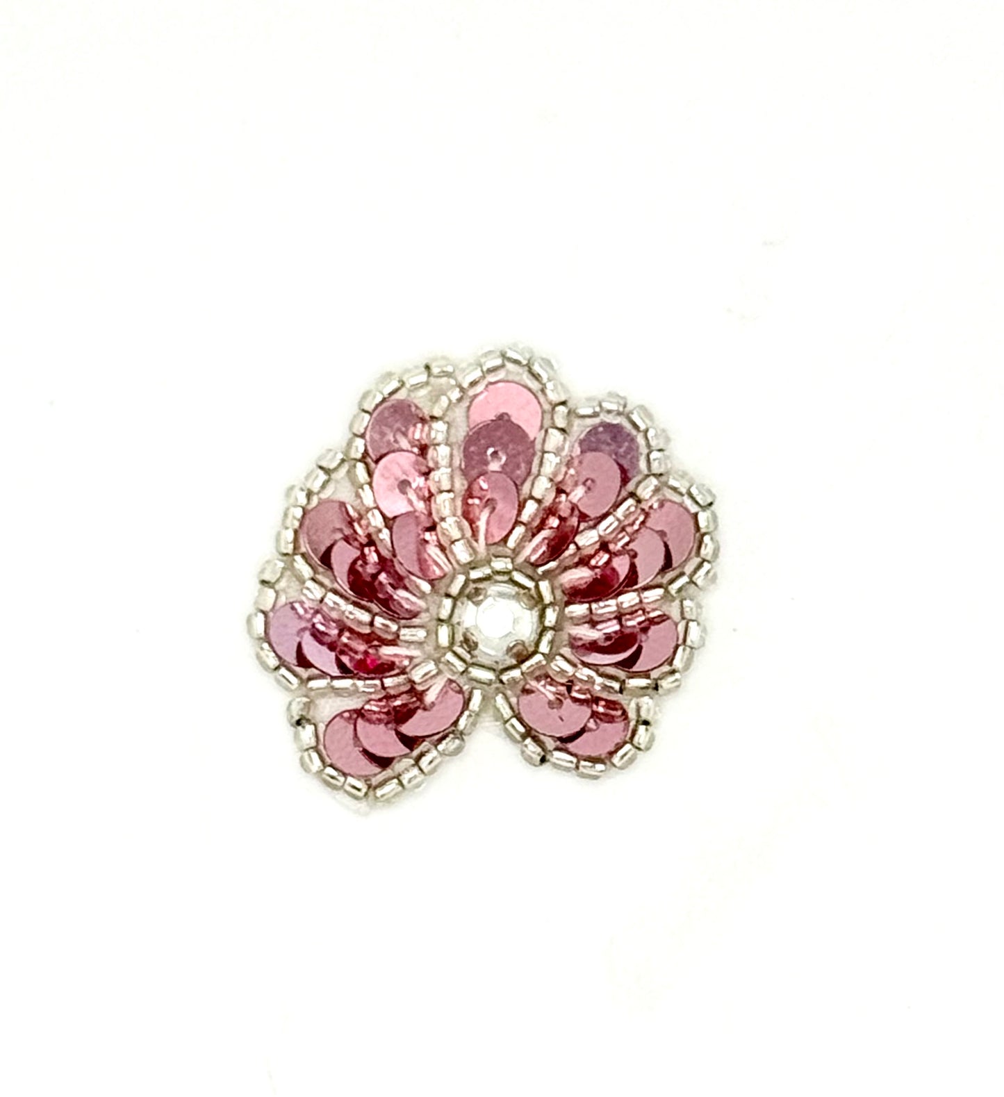Seashell Appliqué - Pink Sequins -Silver Beads - Rhinestone Center 1.25" x 1.25"