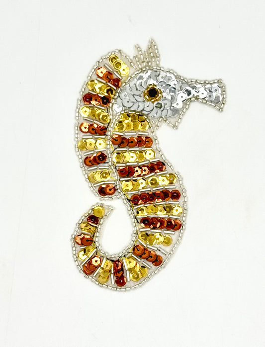 Seahorse Appliqué - Bronze/Gold/Silver Sequins -Silver/Black Glass Beads  4.5" x 2.5"