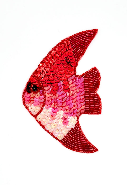 Fish Appliqué - Red/Pink Sequins - Red Beads 5.25" X 3.25"