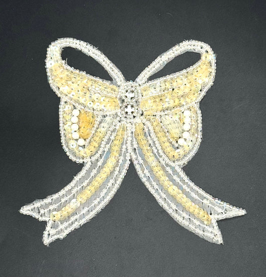 Vintage Cream Bow Sequins, Pearls, Glass Beads and Rhinestones 4.75" x 4.5"