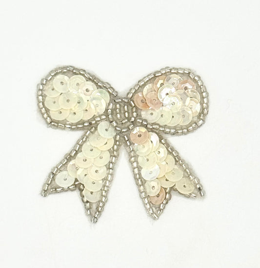 Bow with Beige Sequins and Silver Beads 2" x 1.75"