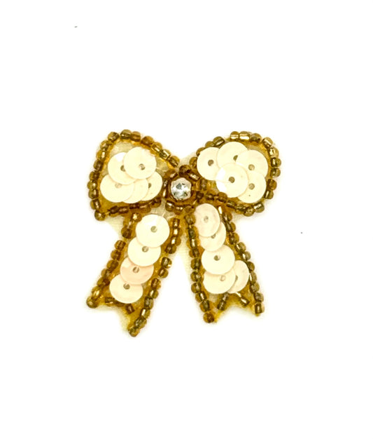 Vintage Bow with Cream Sequins and Gold Beads 1.25" x 1.25"
